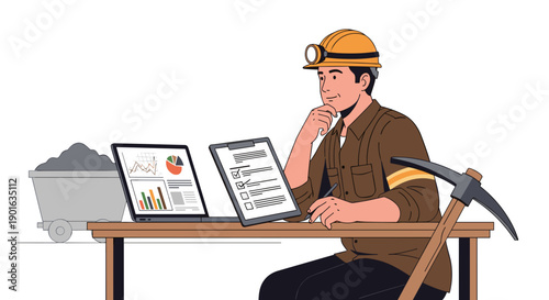 Miner Working on Laptop at Desk.