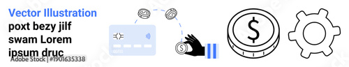 Financial transactions, cryptocurrency exchange, online payments, fintech, e-commerce, banking operations. Hand transferring money to a credit card beside a dollar coin and gear. Financial