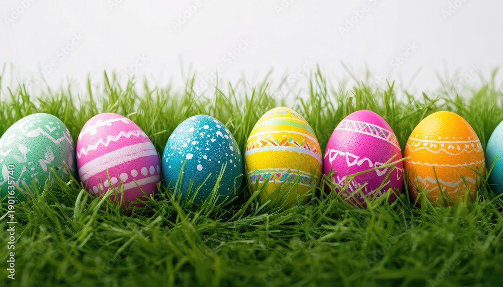 Fototapeta premium easter background poster illustration with vibrant pastel eggs on white grass a row of brightly colored easter eggs in a grassy field
