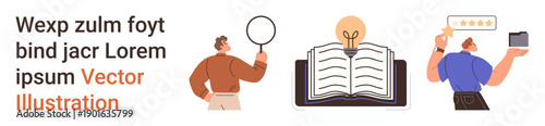 Education, research, customer feedback, idea generation, quality assessment, service rating. A person with a magnifying glass, an open book with a light bulb and a person holding a tablet. Education