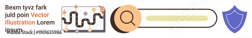 Web navigation, security, user experience, search functionality, data protection, visual design. Search bar with magnifying glass, shield and map graphic. Web navigation and security theme