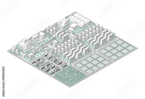 郊外の街並みのイラスト. アイソメ図で描いた都市.