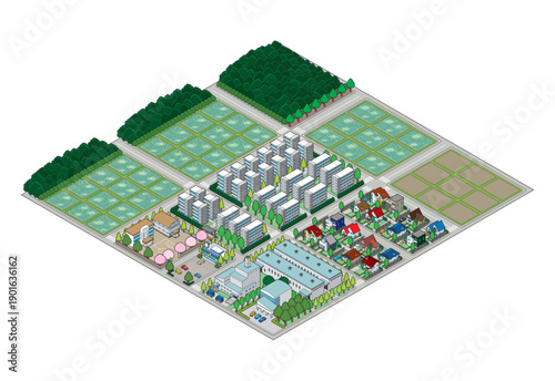 郊外の街並みのイラスト. アイソメ図で描いた都市.