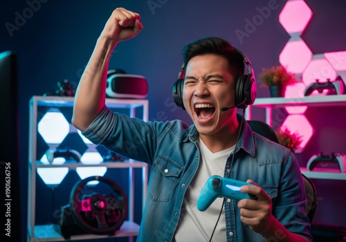 Excited young Asian man celebrating victory while playing video games with neon lights.
