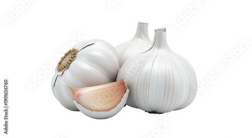 Garlic bulbs and a clove on a white background