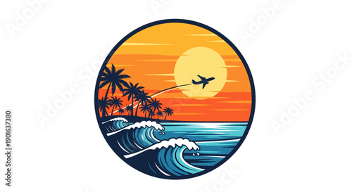 Airplane flying over tropical beach at sunset with ocean waves.