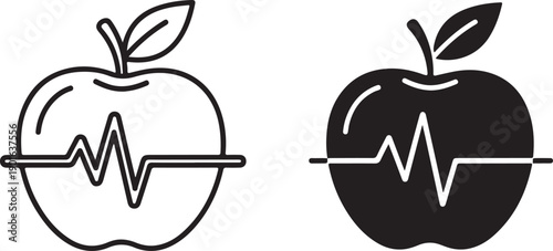Healthy apple icons with electrocardiogram lines representing heart health and wellness isolated on white background, illustration
