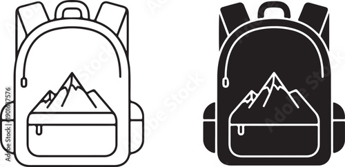 Creative backpack designs featuring mountain illustrations on the front isolated on white background, illustration