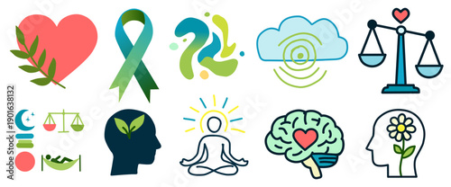 Mental Health Symbols in Flat Style for Emotional Wellbeing Awareness