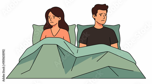 Marital Conflict: Sad Couple Lying Separated in Bed. Emotional distance, lack of intimacy, and relationship problems concept illustration.