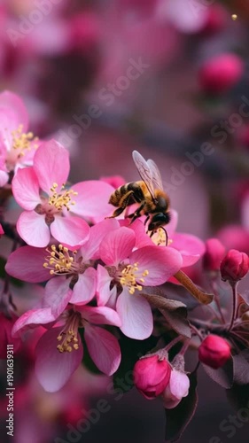 Close-up of a bee collecting pollen on a blooming pink flower in spring.