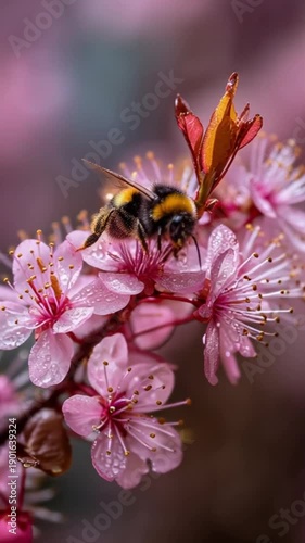 Close-up of a bee collecting pollen on a blooming pink flower in spring.