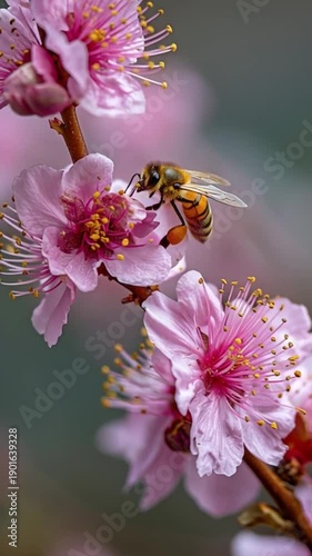 Close-up of a bee collecting pollen on a blooming pink flower in spring.