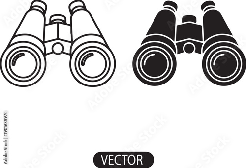 Classic pair of binoculars depicted in a minimalist vector style design isolated on white background, illustration