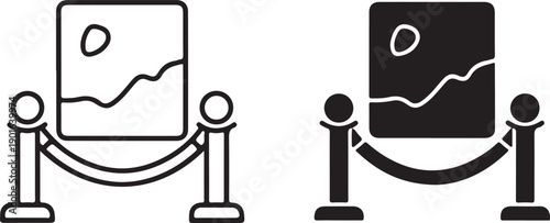 Two framed artworks separated by stanchions and velvet ropes for travel and tourism in a gallery setting isolated on white background, illustration