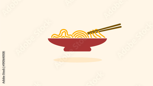 Cute ramen noodle bowl vector illustration with chopsticks in flat cartoon line art style, perfect for Asian Japanese food icons, restaurant menus, clipart, and traditional soup cuisine designs