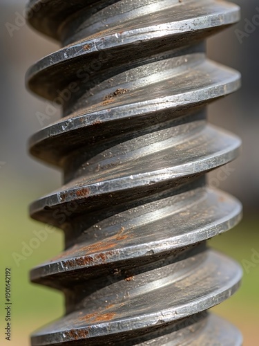 Steel auger detail showcases the intricate screw design and craftsmanship