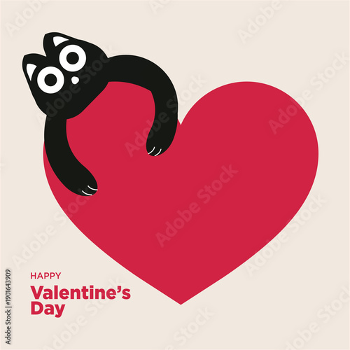 A cute black cat lovingly embracing a vibrant red heart, symbolizing affection and warmth for a joyous celebration of love and companionship, ideal for greeting cards