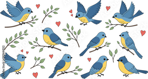Cute Blue Bird Character Set With Flying And Perching Poses Branches Leaves And Heart Symbols In Spring Vector Illustration