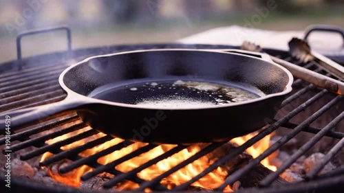 Cast iron skillet heating with oil on a hot charcoal grill outdoors