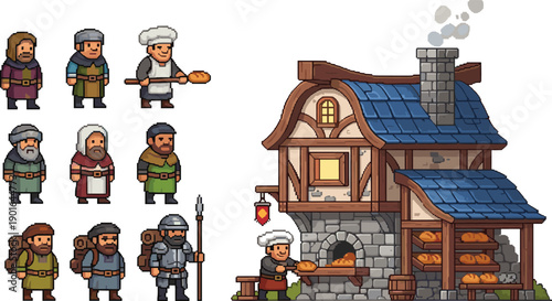 Pixel Art Medieval Bakery Village Set With Characters House Oven And Bread Shop For Retro Fantasy Game Graphics