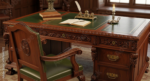 Antique Wooden Desk with Green Leather and Chair in Study Room green leather study room
