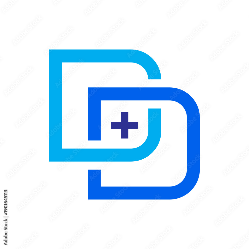 Obraz premium Intertwined DD lettermark with a medical plus symbol, representing trust, care, and professionalism. Ideal for healthcare providers, clinics, medical services, and health-focused brands.
