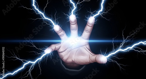 Fotografi hand emitting energy, electric power, lightning bolts on dark background