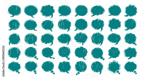 Collection of hand drawn teal speech bubbles on white background