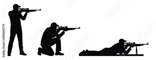 Silhouettes of shooters in various positions aiming rifles.