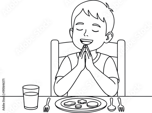 Happy Little Boy Praying Before Eating Meal at Table Showing Gratitude Faith and Daily Routine Line Art Vector Illustration