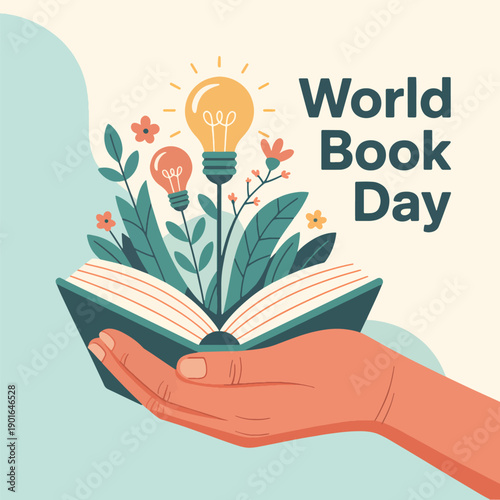 Open book with lightbulbs and flowers growing from it for Book Day plants design