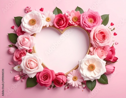 Romantic Heart Shaped Flower Frame on Pink Background