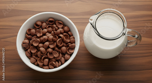 Delicious chocolate breakfast cereal in a white bowl next to a pitcher of fresh milk on a wooden table, ready for a quick and wholesome morning meal