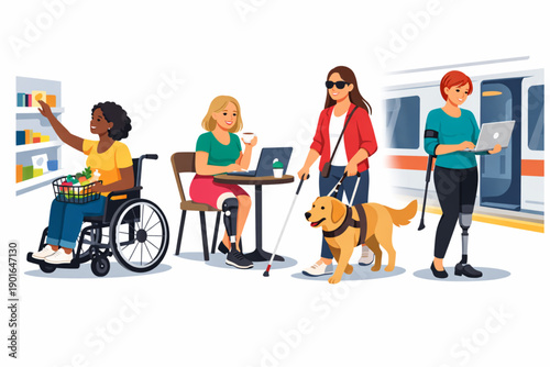 vector illustration of women with disabilities living everyday life with independence and dignity on white background