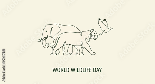 Minimalist line drawing of an elephant, tiger, and bird on World Wildlife Day against a pale background.