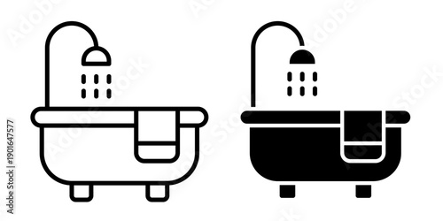 Bathtub black line icon set. Ideal house, spa or hotel amenities for toilet, shower, bathroom, plumbing, and home interior concept. Bathtub label, symbol, sign, logo, badge. Vector illustration.
