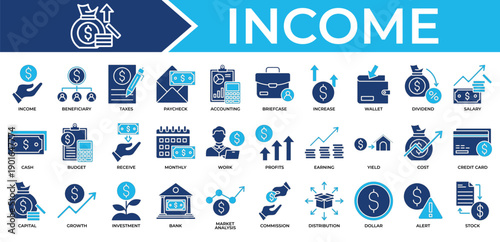 Income icon set collection. Containing increase, report, touch, audit, revenue, receive, stock .Solid vector icons collection