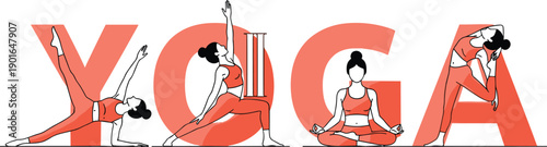 Yoga typography with integrated poses in bold red-orange letters, artistic vector design promoting wellness, fitness, and mindful movement