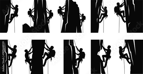 Extreme Outdoor Rock Climbing Silhouettes Set Representing Mountaineering Adventure Sports and Teamwork in Nature for Graphic Design Elements and Web Background Assets