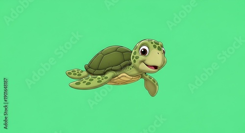 A cartoon sea turtle with a dark green shell swims against a light green background