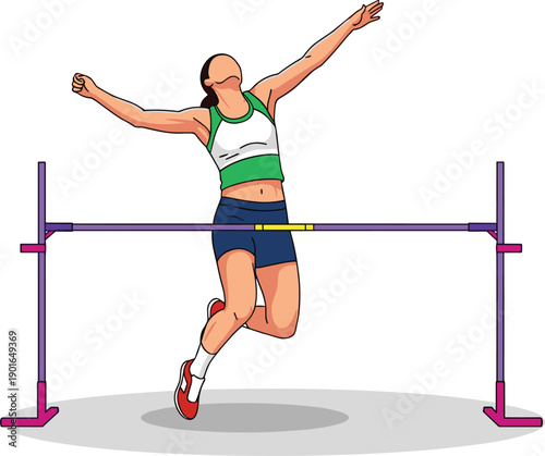 Young Female Athlete Successfully Jumping Over High Bar In Track And Field Competition For Victory Achievement Sports Training Goal Success And Winning Vector Illustration