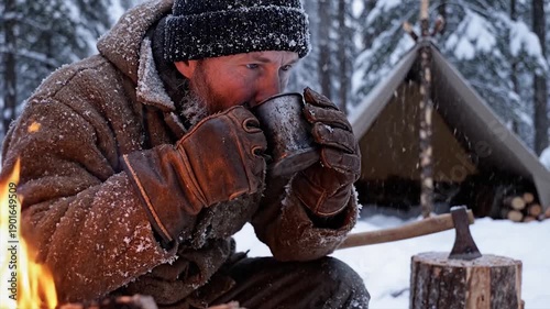 Wallpaper Mural Man drinking hot beverage by campfire in snowy forest during winter camping trip. Torontodigital.ca