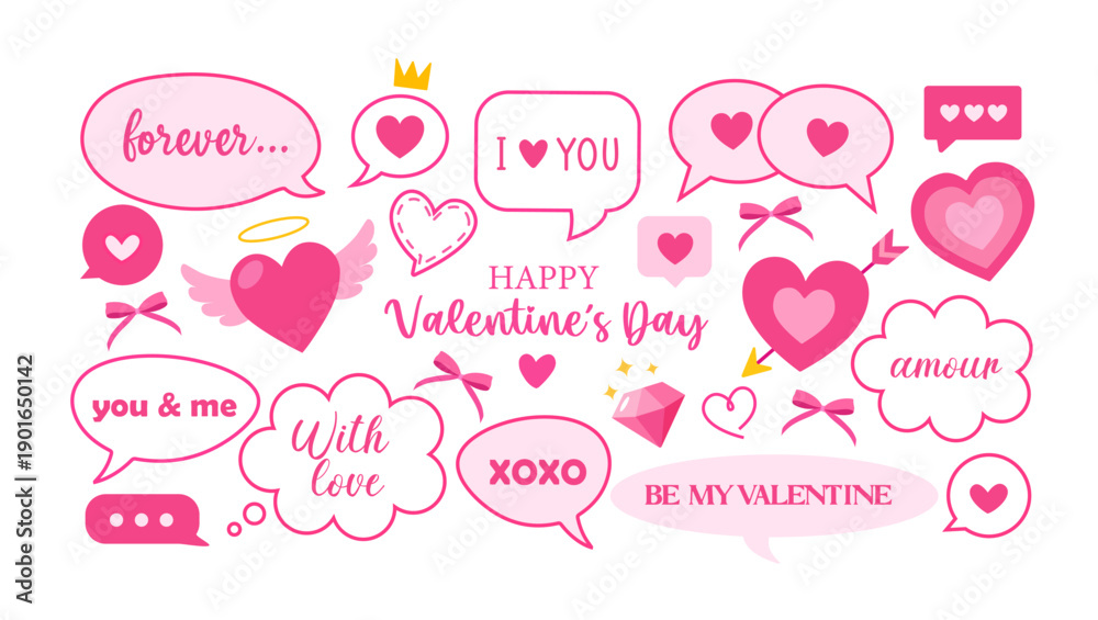 Φωτογραφία Valentine’s Day Doodle Set with Love Speech Bubbles, Hearts and Cute Romantic Lettering, Pink Hand Drawn Valentine Elements Collection for Cards, Stickers and Social Media