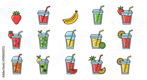 A vibrant assortment of refreshing fruit smoothies and juices in a cheerful illustration