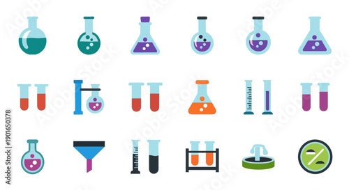 A vibrant assortment of laboratory glassware and equipment depicted in vector graphics