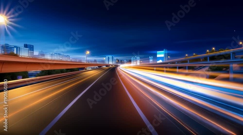 Futuristic quantum computing highway light trail night cityscape motion speed technology energy modern urban road curve skyline