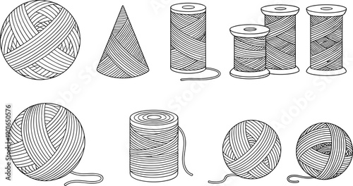 Yarn Balls and Thread Spools Outline Vector Set. Knitting, Sewing, Craft, and Handmade Hobby Line Art Icon Collection.