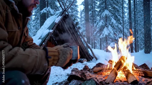 Wallpaper Mural Man warming hands by campfire in snowy forest with tent. Torontodigital.ca