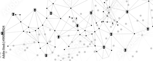 Abstract network of connected people icons, representing social media, global communication, and business connections